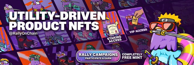 The image shows a banner for utility-driven product NFTs that has been created by @RallyOnChain, featuring a cartoon character wearing sunglasses and holding a mint. The text on the banner reads "Utility-driven Product Nfts", indicating the focus of this collection is on utility-driven products. The post also mentions that it's a complete free mint, which suggests that users can access these features without any cost or requirement for payment.