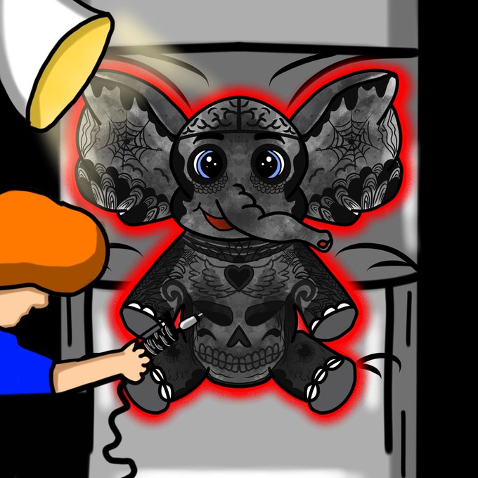 A dark cartoon illustration of a menacing gray stuffed elephant with intricate skull patterns, a heart tattoo, and glowing red aura, being held by a small child wielding a jackhammer, set against a bathroom background.