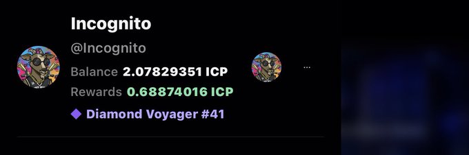 **Incognito Profile**: A user profile card for 'Incognito' (@Incognito). It shows a balance of 2.07829351 ICP, rewards of 0.68874016 ICP, and a status of 'Diamond Voyager #41', accompanied by two identical avatar images.