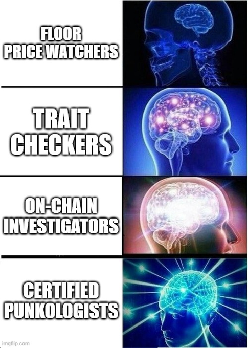 An "Expanding Brain" meme ranking NFT enthusiasts from "Floor Price Watchers" to "Certified Punkologists," with each tier showing a progressively more enlightened brain.