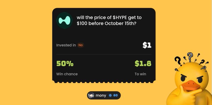 The image shows a prediction market interface asking "will the price of $HYPE get to $100 before October 15th?" with a $1 "No" investment offering a 50% win chance and $1.8 payout, alongside a skeptical duck emoji with question marks. This relates to the post's discussion about whether HYPE can reach $100 in the next four days to hit a new all-time high, given it recently hit $95 and is currently around $84.