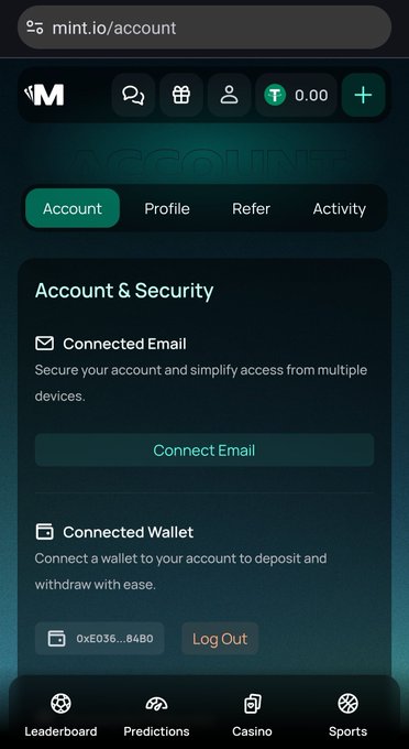 The image shows the "Account & Security" page on mint.io/account, displaying a connected wallet address (0xE035...8480) with options to manage the connected email and wallet. This relates to the post by showing the user's enrollment setup for the NucleusCodes campaign on PlayOnMint, highlighting the platform's account and wallet connection interface.