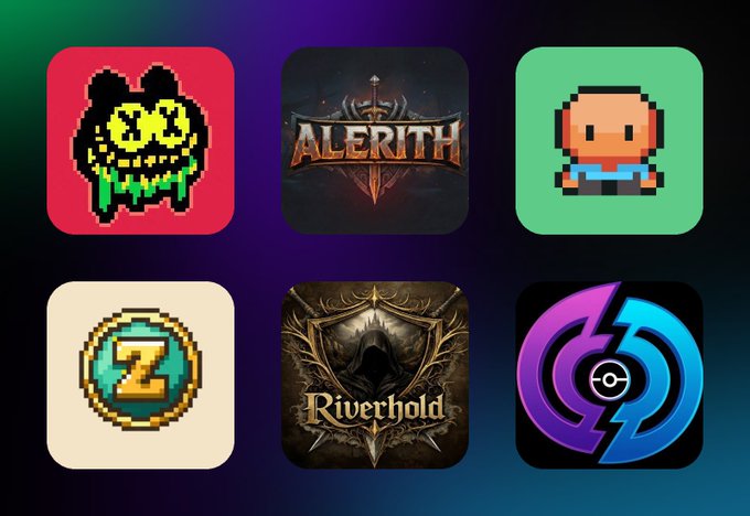 A grid of six app icons displays logos for Solana-based gaming projects, including "ALERITH," "Riverhold," and a pixel-art character labeled with "Z," corresponding to the six gaming projects highlighted in the post.