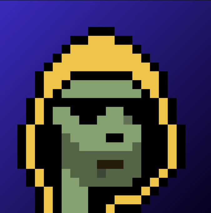 A pixel-art portrait of a zombie-like figure with green skin wearing a yellow hood, set against a purple background. The image visually represents the "Zombie Rebel Punk" NFT character being raffled to Promoted Punks owners.