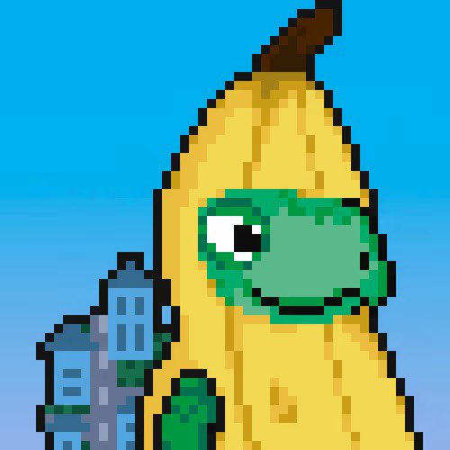 A pixel art image of a yellow banana with green sunglasses, standing in front of a cityscape against a blue sky background.