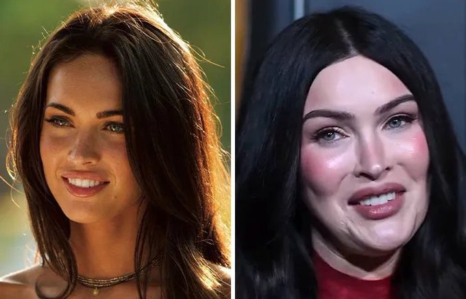 A split image showing Megan Fox in 2017 on the left with a natural appearance, and on the right her current look with visibly altered facial features, mirroring the dramatic transformation in cryptocurrency between its 2017 boom and its current state.