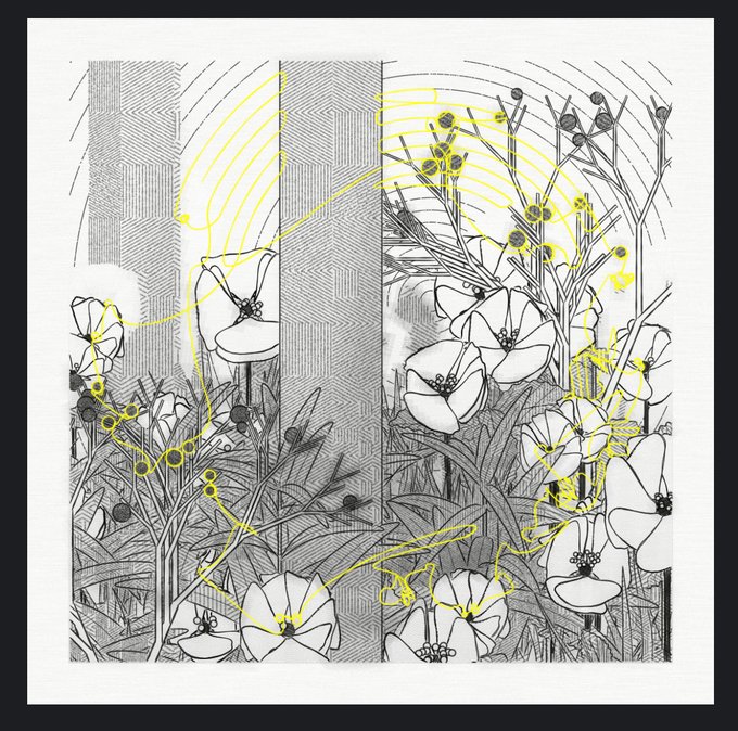 An artistic illustration featuring black and white floral patterns overlaid with yellow lines and geometric elements, creating a mixed-media composition.