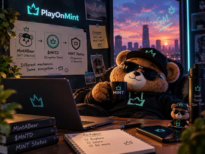 A teddy bear wearing sunglasses and a black hoodie sits at a desk with a laptop displaying the PlayOnMint logo, with a whiteboard explaining the MintABear NFT collection ecosystem.