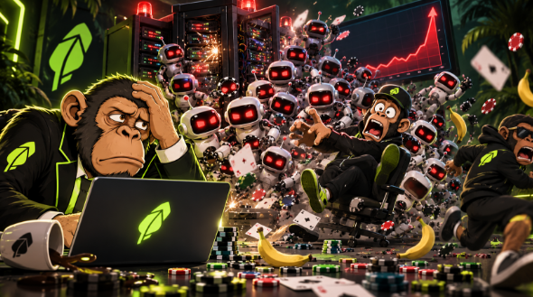 A digital illustration depicts a chaotic scene with cartoon monkeys in suits dealing with an overwhelming number of small robots, server racks, and scattered poker chips and cards, with a laptop displaying a rocket logo in the foreground.