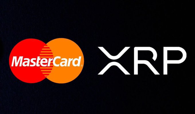 The image features two logos - one for Mastercard and another for Ripple. The Mastercard logo displays a red circle with an orange border, while the Ripple logo shows a white circle with an orange border. Both logos are set against a black background. The text in the image reads "Exciting news alert! The CEO of Mastercard has just announced that Ripple is set to replace Swift".