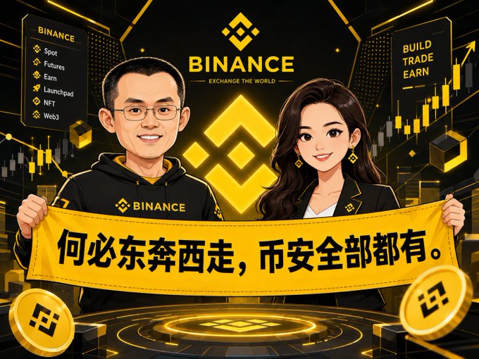 A Binance promotional graphic featuring two cartoon figures holding a yellow banner with the Chinese slogan "何必东奔西走，币安全部都有" (Why run around when Binance has it all), displayed alongside the Binance logo, trading menu options (Spot, Futures, Earn, Launchpad, NFT, Web3), and "BUILD TRADE EARN" messaging—imagery that thematically ties to the post's discussion of Binance's role in driving tokenized stock trading volume, particularly through the launch of stock Meme coins contributing to bStocks' dominant 83.3% market share and $9.41 billion in July on-chain volume.