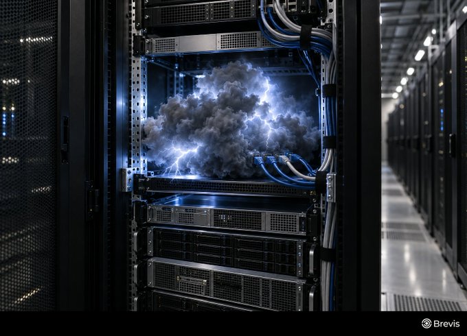 A server rack in a data center with a surreal, digitally added cumulus cloud and lightning storm inside it, branded with 'Brevis' in the corner.