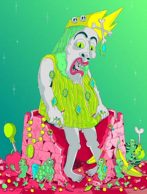 A grotesque cartoon king with yellow eyes, skull-adorned crown, and green gem-encrusted robes sits atop a pink rocky throne, surrounded by small green goblins, diamond, and banana amid scattered treasure, visually matching the post's playful "Kingdom of all" theme and "6.66 xtz" reference.