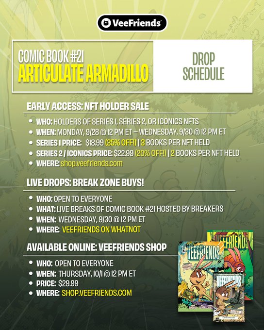 The image is a drop schedule infographic for VeeFriends Comic Book #21 "Articulate Armadillo," detailing a three-phase release: an early-access NFT holder sale (9/28–9/30) with discounts up to 35% off, live break zone buys on 9/30 at shop.veefriends.com, and an online shop release on 10/1 for $29.99, which aligns with the post's updated timeline announcement.