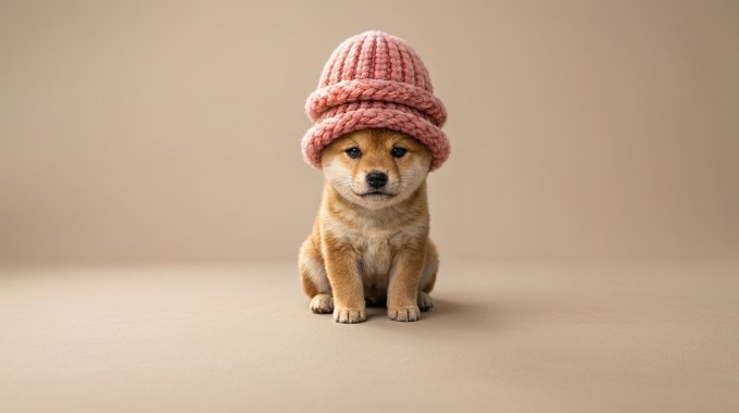 An adorable photo of a Shiba Inu puppy wearing a knitted pink beanie hat, sitting against a soft beige background.