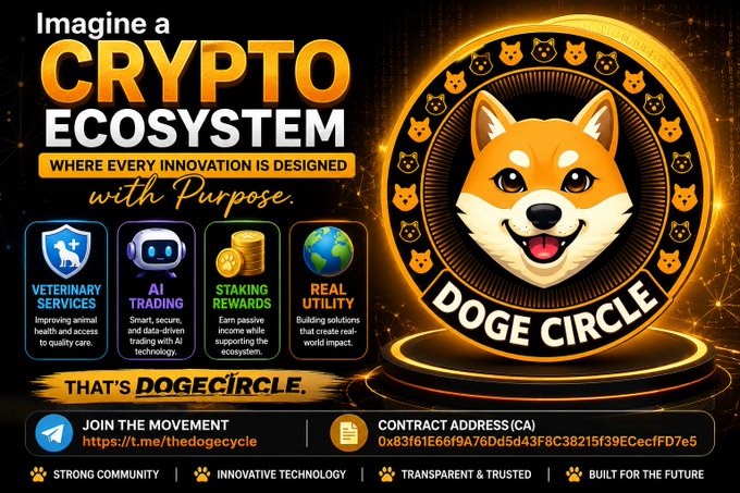 A promotional graphic for "DOGECIRCLE" featuring a Shiba Inu mascot encircled by a golden coin design, with the tagline "Imagine a CRYPTO ECOSYSTEM where every innovation is designed with Purpose." It highlights four pillars—Veterinary Services, AI Trading, Staking Rewards, and Real Utility—and displays the Telegram link t.me/thedogecycle alongside the contract address 0x83f61E66f9A76Dd5d43F8C38215f39ECecfFD7e5.