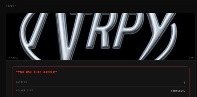A raffle results page displaying 'QVRPY' with text 'YOU WON THIS RAFFLE', showing 1 entry with community winner type, marked as ended with ETH.