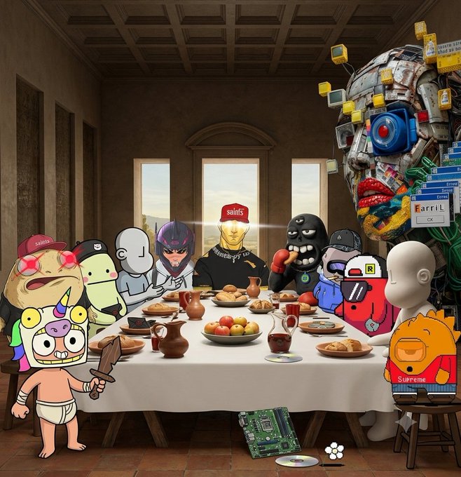 A surreal digital artwork styled after 'The Last Supper' depicts various internet memes, NFT characters, and a giant circuit-board head gathered around a dining table.