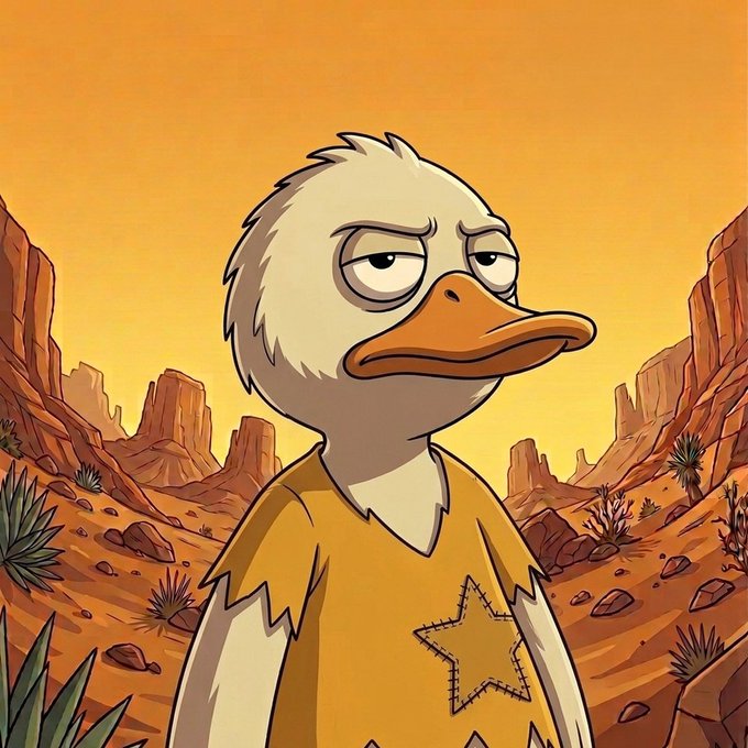 Digital illustration of a tired-looking anthropomorphic duck with white feathers and an orange beak, wearing a tattered yellow shirt with a stitched star, set against a desert canyon background.