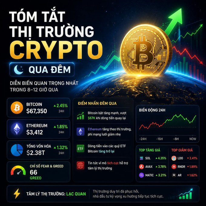 The image is a Vietnamese crypto market summary ("TÓM TẮT THỊ TRƯỜNG CRYPTO QUA ĐÊM") highlighting Bitcoin at $67,350 (+2.45%) and Ethereum at $3,412 (+1.85%), with a total market cap of $2.38T (+1.32%) and a Fear & Greed Index of 66 (Greed). It notes key overnight developments, including Bitcoin's strong rebound past $67K, Ethereum's moderate gains, and continued ETF inflows, aligning with the post's mention of ETH whales selling ~102k ETH ($248M) while institutional BTC continues flowing into Coinbase.