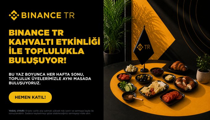 The image is a promotional banner for a **Binance TR Community Breakfast Event**, featuring the Binance TR logo alongside a table spread with various Turkish breakfast items like cheeses, olives, tomatoes, cucumbers, honey, pastries, and a small Binance TR flag. The Turkish text announces that the team is coming together with community members through this breakfast event every weekend all summer, with a "HEMEN KATIL!" (Join Now!) call-to-action button.