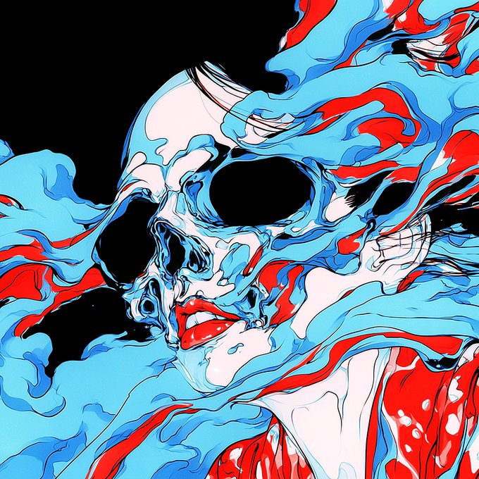A vibrant pop-art style illustration of a woman with dark sunglasses and red lips, her face surrounded by flowing blue and red abstract shapes against a black background.