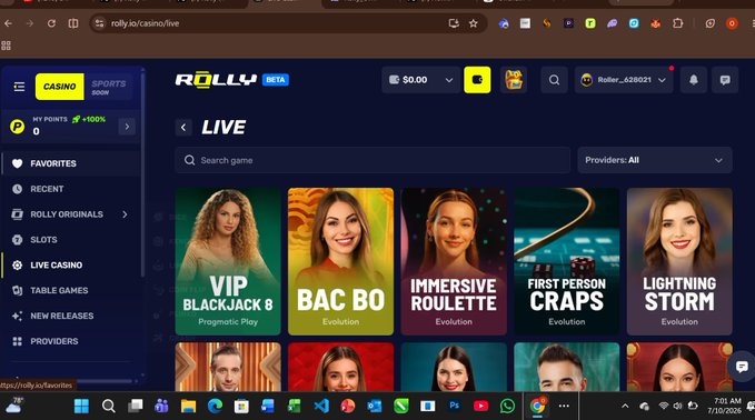A screenshot of the ROLLY.io online casino website showing the 'LIVE' casino games section with featured games like 'VIP Blackjack 8', 'BAC BO', 'IMMERSIVE ROULETTE', 'FIRST PERSON CRAPS', and 'LIGHTNING STORM'.