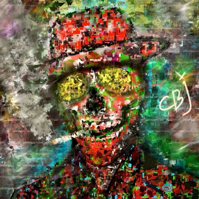 A colorful digital artwork depicting a skull-like figure wearing a hat and yellow sunglasses, set against a multicolored, abstract background.