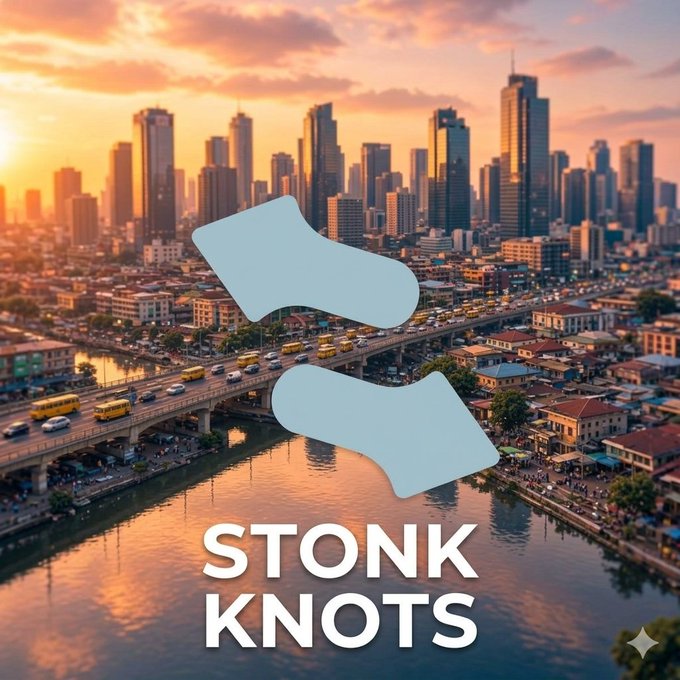 An image with the 'STONK KNOTS' logo (a stylized S) overlaid on a cityscape with a river at sunset.