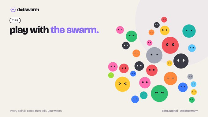 A promotional graphic for 'detswarm' with the headline 'play with the swarm,' featuring colorful emoji-like dots with various facial expressions clustered together on the right, and the tagline 'every coin is a dot. they talk. you watch.'