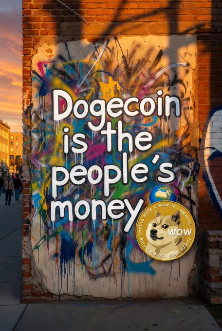 A wall with colorful graffiti and text 'Dogecoin is the people's money' along with an image of a Dogecoin featuring the Shiba Inu dog and the 'WOW' text.