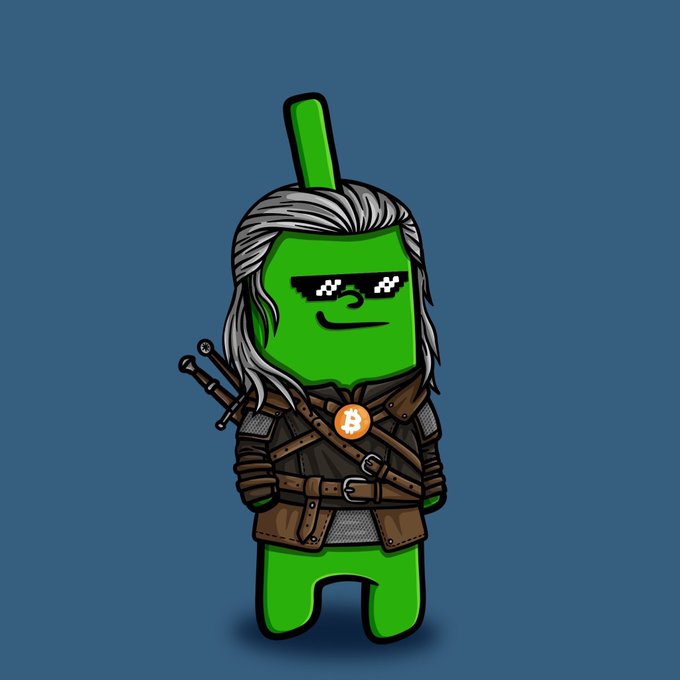 A cartoon green Android mascot dressed as The Witcher with silver hair, pixelated sunglasses, swords on its back, and a Bitcoin necklace.