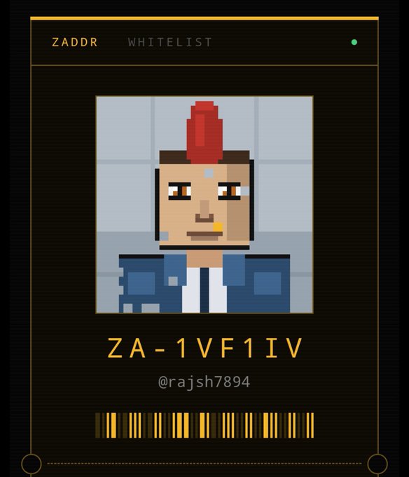 A pixelated character with a red mohawk appears on a ZADDR whitelist ticket labeled "ZA-1VF1IV" with the username @rajsh7894 and a barcode below, matching the application submitted for the Zcash shielded whitelist.