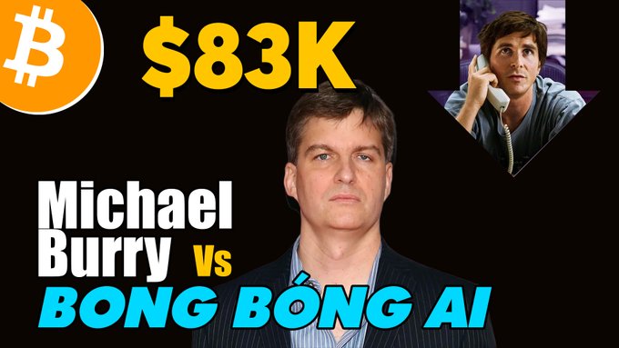 A YouTube-style thumbnail showing Michael Burry, a Bitcoin logo with "$83K", and the text "Michael Burry Vs BONG BÓNG AI" with a smaller inset image of a man on a phone.