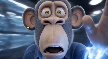 A close-up of an animated chimpanzee character with wide yellow eyes and gold earrings, looking startled with its mouth open and a hand raised toward a glowing blue light.