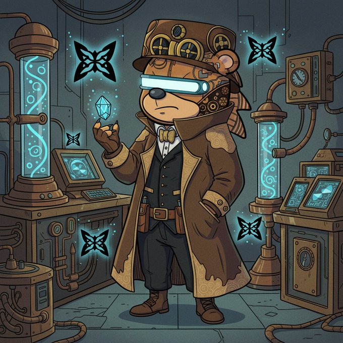 An illustrated steampunk-style character wearing a top hat and goggles holds a glowing crystal, surrounded by laboratory equipment, glowing tubes, and butterflies in a dimly lit room.