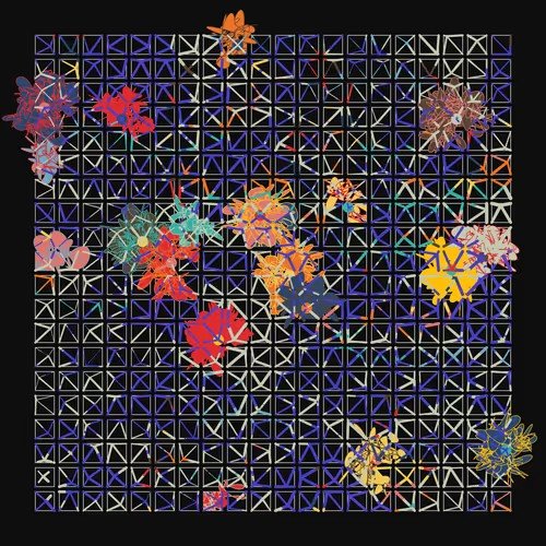 A vibrant, multicolored digital artwork featuring an intricate grid pattern of small triangular symbols and scattered pixelated floral blooms, donated by artist @_ab83_ as part of his first fully on-chain Bloomixel collection on gemgallery.eth.