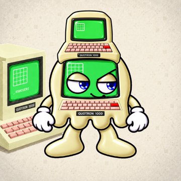 A cartoon mascot of a beige retro computer labeled 'QUOTRON 500' with an angry green screen, positioned next to another similar computer displaying 'PROGRESS' on its green screen.