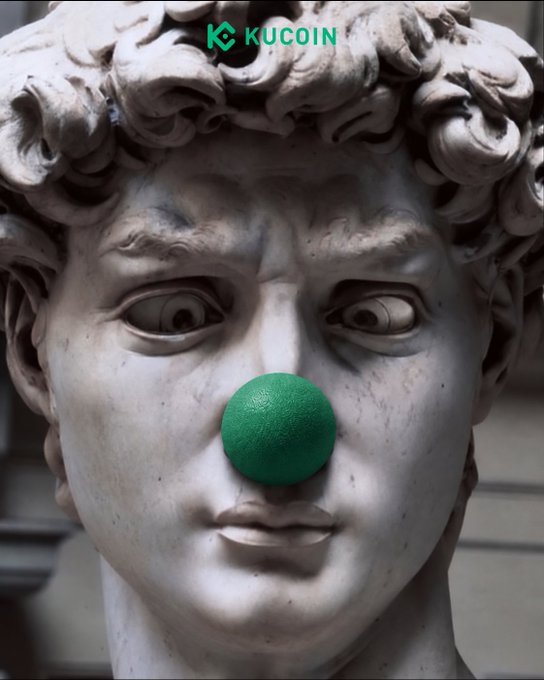 A classical marble bust with a green ball on its nose gazes intently ahead, with the KuCoin logo displayed at the top—visually echoing the post's "Eyes locked on the green" caption, where the statue's piercing stare and the vivid green ball symbolize focused attention on the brand and all things bullish green.