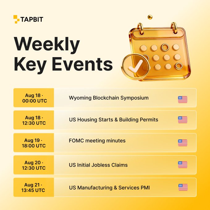 A 'Weekly Key Events' infographic from Tapbit listing economic events: Wyoming Blockchain Symposium (Aug 18), US Housing Starts & Building Permits (Aug 18), FOMC meeting minutes (Aug 19), US Initial Jobless Claims (Aug 20), and US Manufacturing & Services PMI (Aug 21), all marked with US flags.