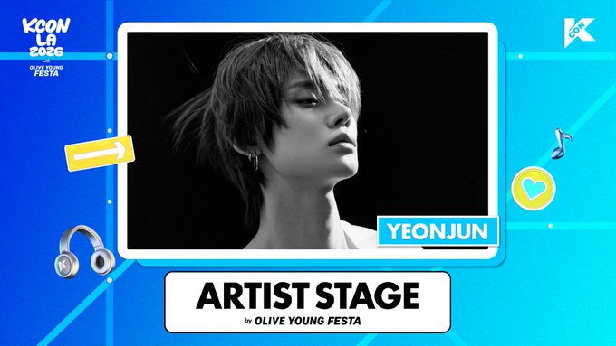 A promotional graphic for KCON LA 2026 features a black-and-white portrait of artist YEONJUN, displayed within a framed "ARTIST STAGE by OLIVE YOUNG FESTA" layout against a blue background with playful icons like headphones, a heart, and an arrow. The image directly relates to the live streaming announcement for YEONJUN's Artist Stage performance at KCON LA 2026.