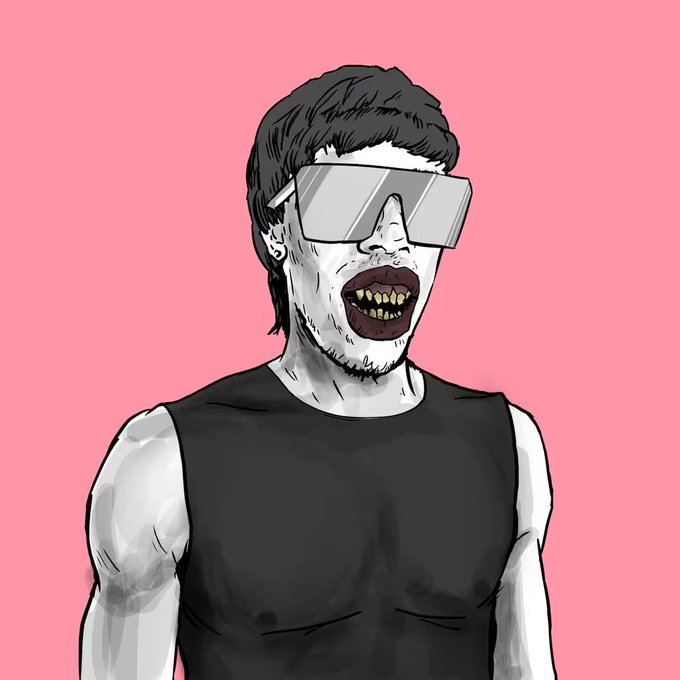 A stylized illustration depicts a man with short dark hair and large, reflective sunglasses, featuring pale skin, dark lips, and yellow teeth, wearing a black tank top against a solid pink background.