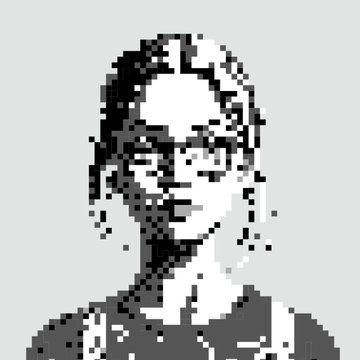 A pixelated black-and-white illustration depicts a smiling woman with shoulder-length hair wearing a collared shirt or jacket.
