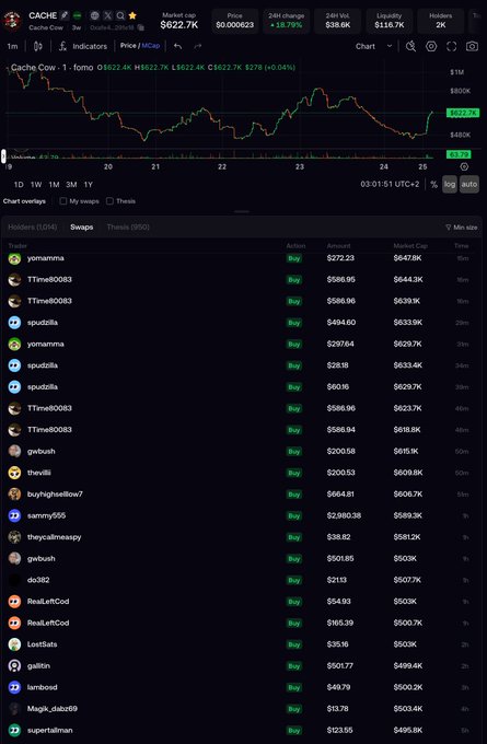 A cryptocurrency tracking website displays a chart and holders list for the 'CACHE' token, showing a market cap of $622.7K and a 24H change of +18.79%.
