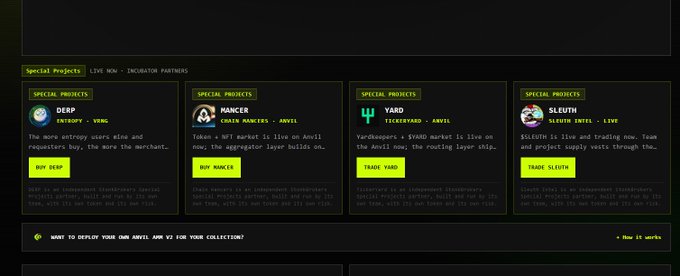 The image shows a webpage titled "Special Projects" featuring four sub-projects—DERP, MANCER, YARD, and SLEUTH—each marked "LIVE NOW - INCUBATOR PARTNERS" and tagged with "VANVIL," noting that Anvil is an independent Steakholders partner with no cut to 115 token holders. This relates to the post by highlighting that despite these projects being live, there has been no announcement from the team about the Vanvil token.