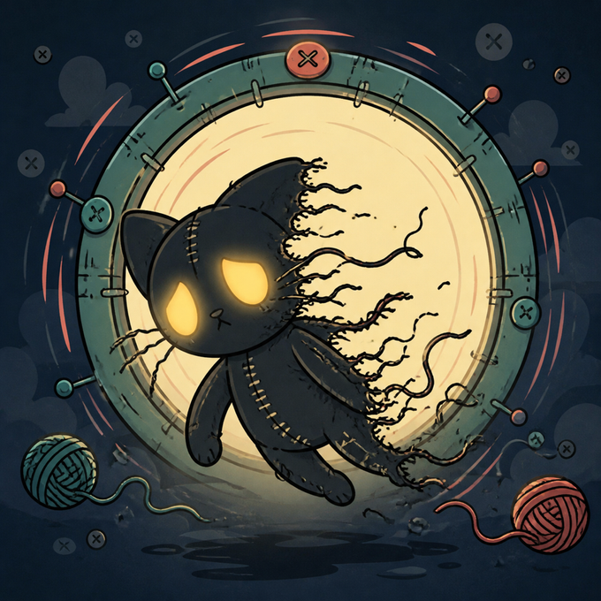 An illustration shows a dark, stitched-together cat with glowing yellow eyes floating in front of a full moon, surrounded by sewing pins and balls of yarn.