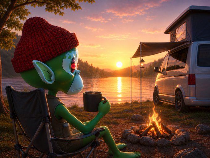 A green-skinned, elf-like character wearing a red beanie sits in a camping chair by a fire at sunset, holding a mug next to a camper van by a lake.