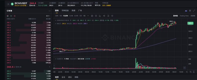 A Binance trading chart displaying BCH/USDT at 344.4 with a 24-hour high of 361.7, low of 328.0, and a 24-hour trading volume of 111,793,738.00.