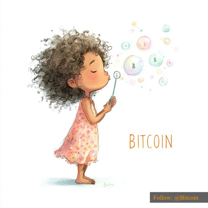 A whimsical watercolor illustration shows a young girl with curly hair blowing a Bitcoin bubble, with pastel bubbles featuring the "B" Bitcoin symbol floating from her wand. The image is branded with "BITCOIN" in orange text and tagged "Follow: @Bitcoin," pairing perfectly with the $59,887.74 price caption to evoke the delicate, dreamlike nature of Bitcoin's valuation.