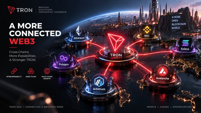 A promotional graphic for TRON DAO titled 'A MORE CONNECTED WEB3' with the subtitle 'BRIDGING ECOSYSTEMS, EMPOWERING TOMORROW,' depicting a glowing red TRON logo at the center connected to Ethereum, BSC, Solana, Polygon, Avalanche, and Arbitrum chains over a digital Earth.